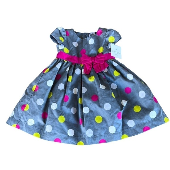 Carter’s Dress Me Up Polka Dot Dress Baby 12 Months Gray Pink Sash Bow Tulle NWT - Picture 2 of 9